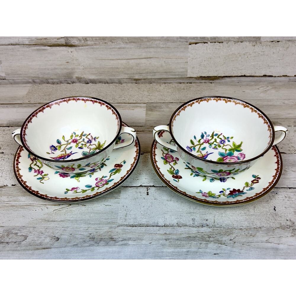 Vintage Coalport Pembroke Hand Painted 2 Handled Soup Bowls Saucers Birds Floral